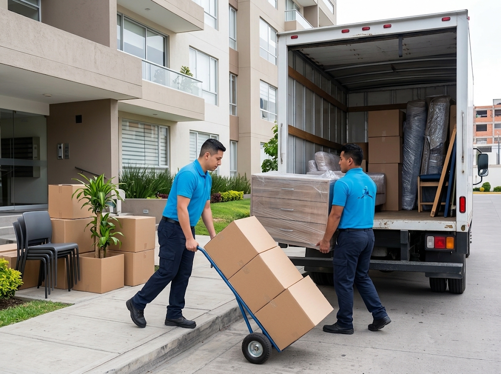 Equipo de mudanzas de Yo Lo Llevo cargando cajas y muebles a la unidad