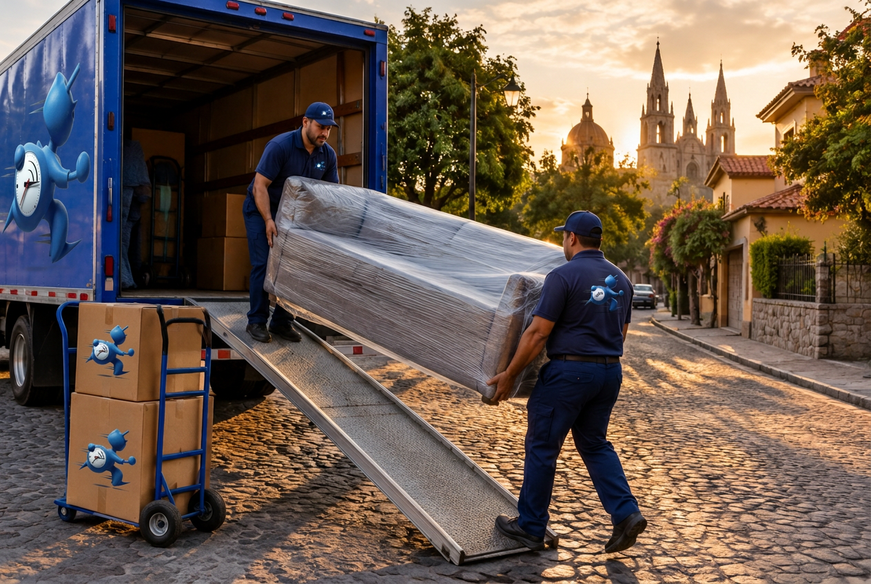 Operadores de Yo Lo Llevo subiendo un sillón protegido a la unidad de mudanza en Guadalajara