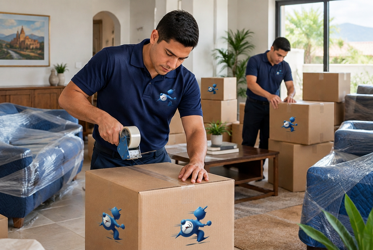 Personal de Yo Lo Llevo embalando cajas con el logotipo en una mudanza residencial